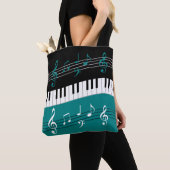 Tote Bag Clés et notes de piano Turquoise noir blanc (De près)