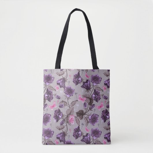 Tote Bag cloches de main violettes et motif de papillons (Devant)