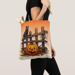 Tote Bag Clôture de chat noir Citrouille Orange Halloween