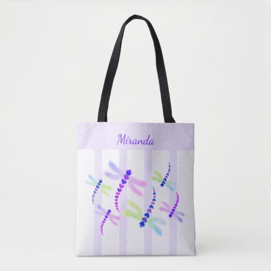 Tote Bag Cluster de libellules | Bandes violettes et blanch (Devant)