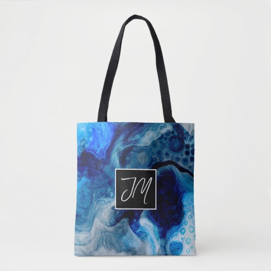 Tote Bag Cobalt Bleu et Marbre blanc Fluide Art Monogramme (Devant)