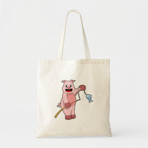 Tote Bag Cochon à la pêche avec la canne à pêche et le pois