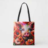 Tote Bag Cochon impressionniste dans les fleurs de coquelic (Devant)