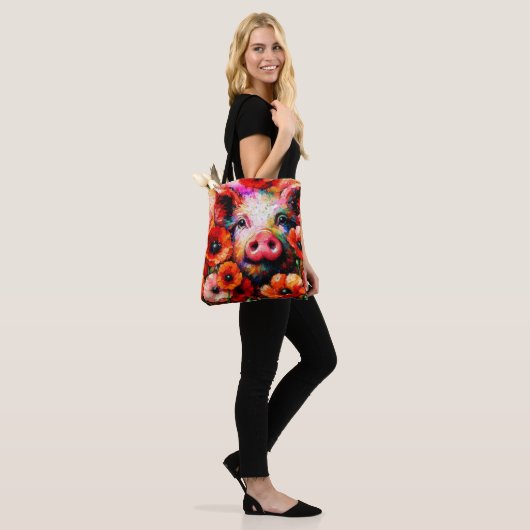 Tote Bag Cochon impressionniste dans les fleurs de coquelic (Sur le modèle)