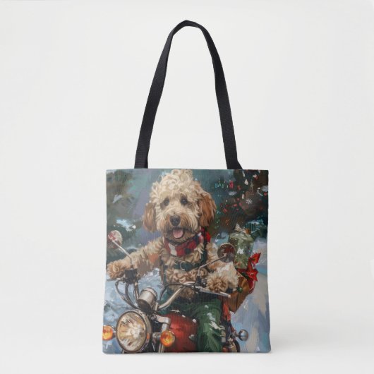 Tote Bag Cockapoo Chien chevauchant la moto Noël (Devant)