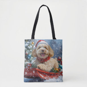 Tote Bag Cockapoo Dog in Sledge Let it Neige Christmas