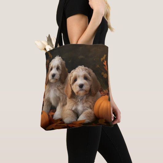Tote Bag Cockapoo Puppy Citrouille d'automne (De près)