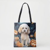 Tote Bag Cockapou d'Halloween avec la peur Citrouille (Devant)