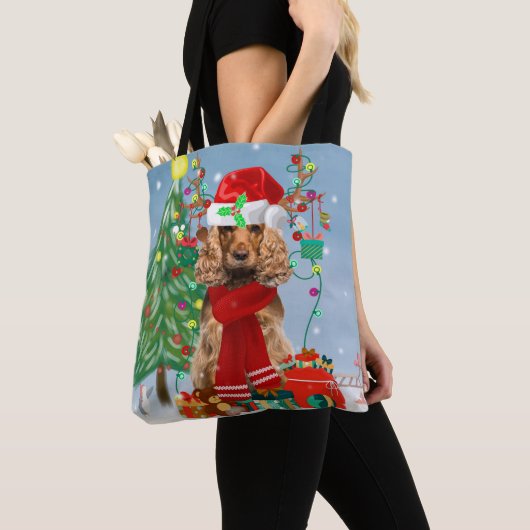 Tote Bag Cocker Spaniel Chien en neige avec cadeaux de Noël (De près)