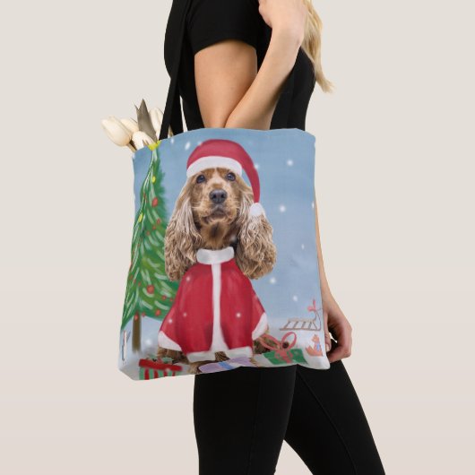 Tote Bag Cocker Spaniel Chien en neige avec cadeaux de Noël (De près)