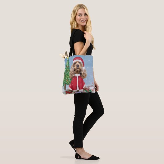 Tote Bag Cocker Spaniel Chien en neige avec cadeaux de Noël (Sur le modèle)