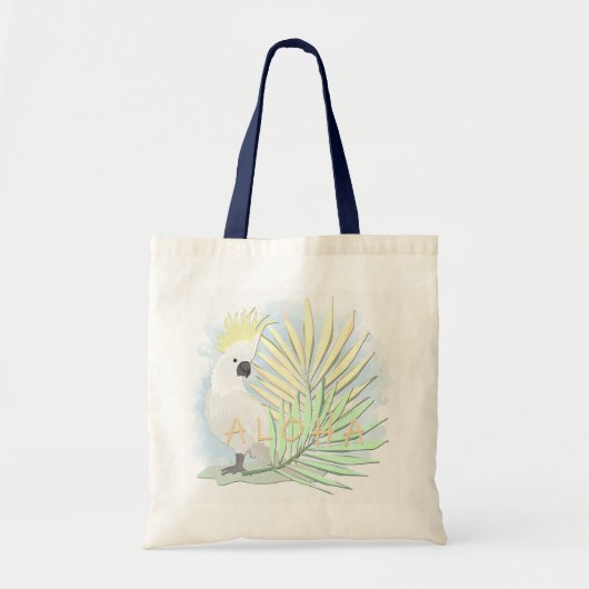 Tote Bag Coco de perroquet blanc en feuille de palmiers. (Devant)