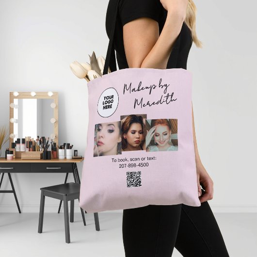 Tote Bag Code QR Logo Écriture Rose Pâle Photo Maquillage