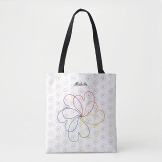 Tote Bag Cœur coloré Motif de fleurs Nom personnalisé-Blanc