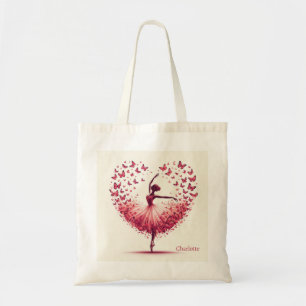 Tote Bag Cœur de ballerine rose papillons danse nom personn