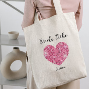 Tote Bag Cœur de paillettes roses, tribu de mariée personna