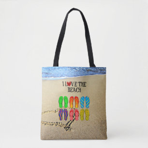 Tote Bag Cœur dessiné dans le sable, J'aime la plage