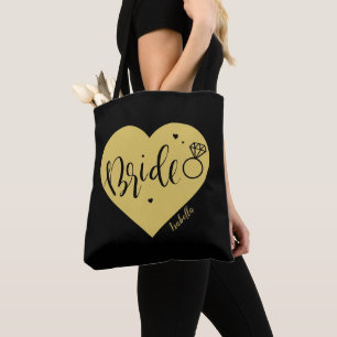 Tote Bag Coeur et script en or noir sourires personnalisées