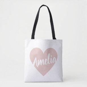 Tote Bag Cœur Rose Pâle Simple Nom Blanc Script Minimaliste