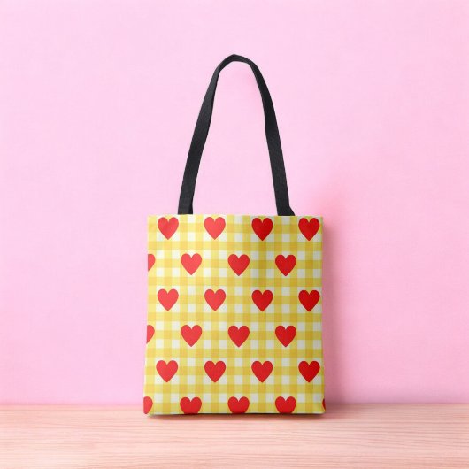 Tote Bag Coeur rouge Jaune En vichy Saint Valentin