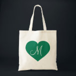 Tote Bag Cœur Vert Kelly Monogramme<br><div class="desc">Ce sac fourre-tout présente un cœur vert kelly avec une initiale monogramme blanche en son centre. Personnalisez en redimensionnant/repositionnant le cœur vert et/ou en personnalisant le texte/monogramme. Excellent cadeau pour demoiselle d'honneur.</div>