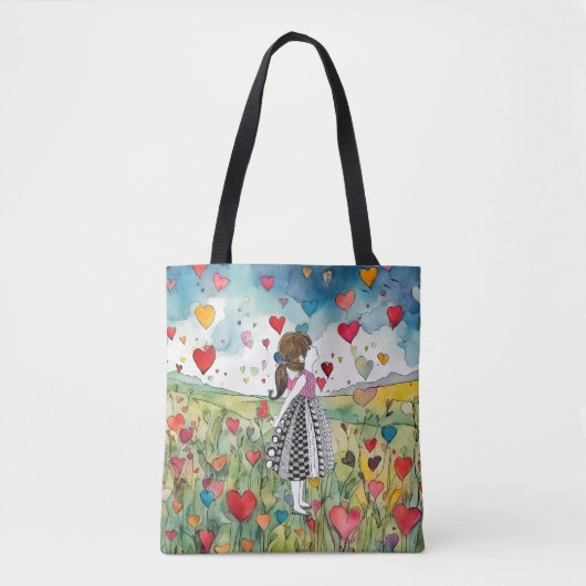 Tote Bag Coeurs aquarelle et petite fille (Devant)