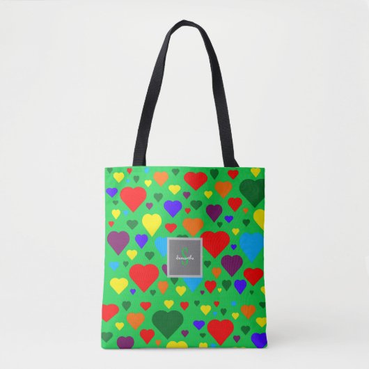 Tote Bag Cœurs d'amour sur fond vert (Devant)