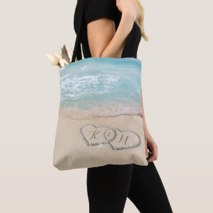 Tote Bag Coeurs dans le sable Plage Monogram Couple