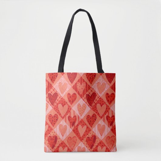 Tote Bag Coeurs de patchwork rouge et rose moderne (Devant)