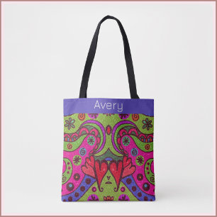 Tote Bag Coeurs et fleurs rétro joyeux Multicolor