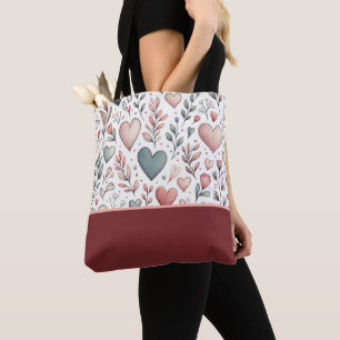 Tote Bag Cœurs et fleurs sarcelle, rouges et roses, bloc de
