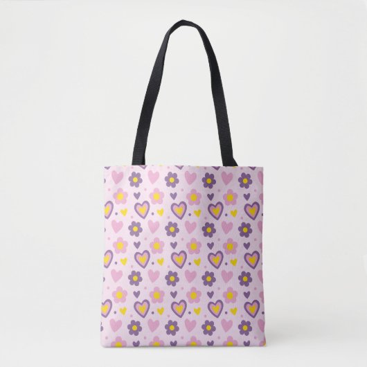 Tote Bag Coeurs Fleurs Rétro Motif rose, violet, Jaune (Devant)