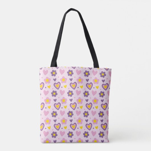 Tote Bag Coeurs Fleurs Rétro Motif rose, violet, Jaune (Dos)