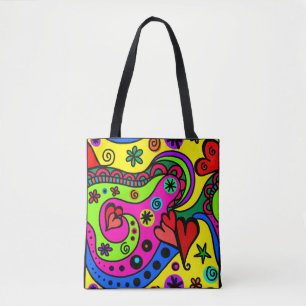 Tote Bag Cœurs géométriques fleurs Art coloré abstrait