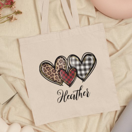 Tote Bag Coeurs Leopard Plaid Valentine's day Personnalisé