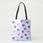 Tote Bag Coeurs Motif Aquarelle rose bleu pourpre (Devant)
