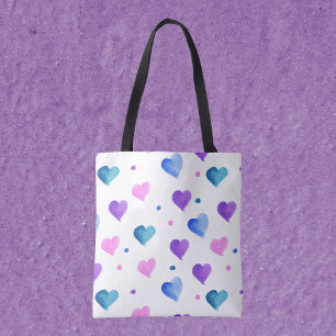Tote Bag Coeurs Motif Aquarelle rose bleu pourpre
