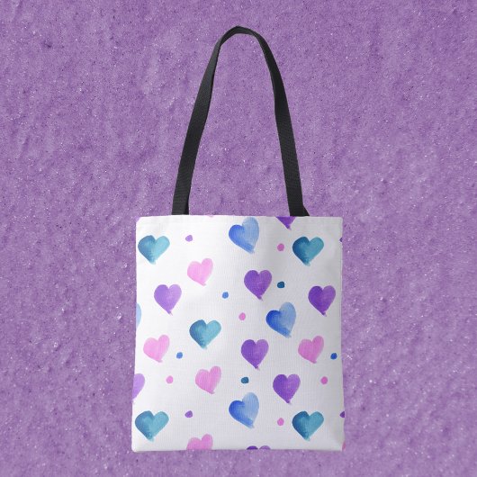 Tote Bag Coeurs Motif Aquarelle rose bleu pourpre