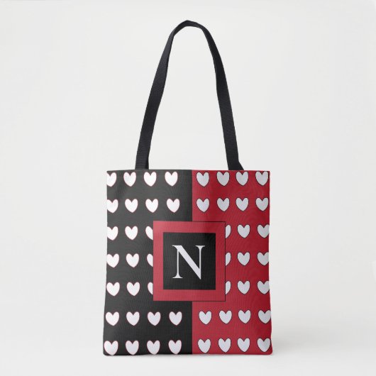 Tote Bag Cœurs Noir Rouge Blanc Monogramme Initial (Devant)