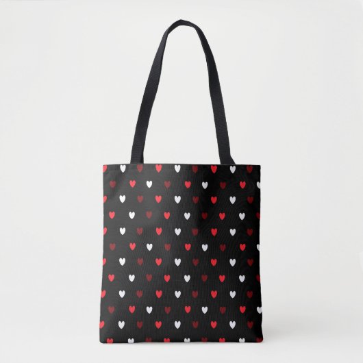 Tote Bag Coeurs rouge et blanc sur noir (Devant)