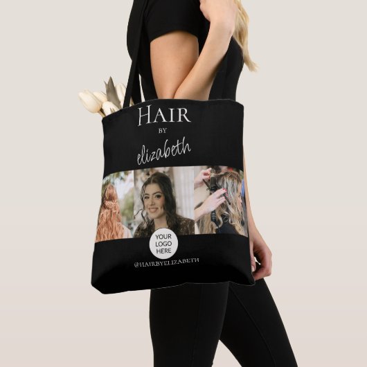 Tote Bag Coiffeur de salon de coiffure Script 3 Photos Logo (De près)