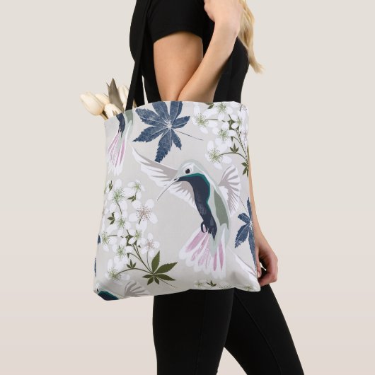 Tote Bag Colibris et fleurs blanches. (De près)