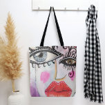 Tote Bag Collage audacieux Quirky Art Graffiti yeux lèvres<br><div class="desc">Ce sac fourre-tout amusant et coloré conçu à partir de mon oeuvre originale de style collage avec des lèvres rouges audacieuses et des yeux excentriques et avec des pops de design néon rose, noir et blanc, violet, bleu et un peu de graffiti est parfait pour chaque fois que vous êtes...</div>