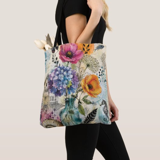Tote Bag Collage d'art mixte botanique vibrant (De près)