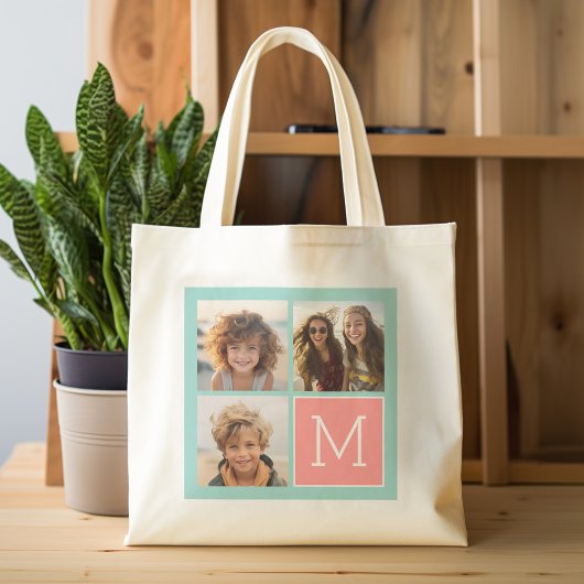 Tote Bag Collage photo de la menthe et du corail Monogramme