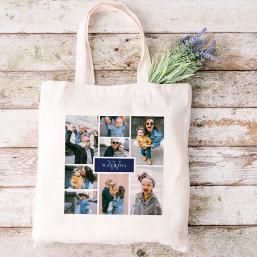 Tote Bag Collage photo famille simple Monogramme marine