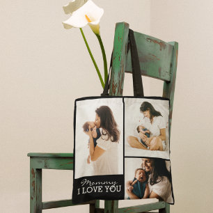 Tote Bag Collage photo moderne Fête des mères noir et bla