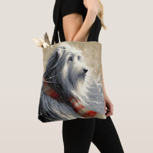 Tote Bag Collie À Poils Avec Écharpe D'Hiver À Rayures