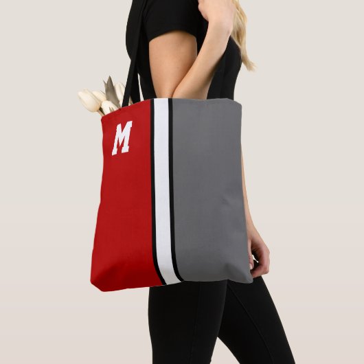 Tote Bag Colonnes de collège Monogramme rouge et gris (De près)