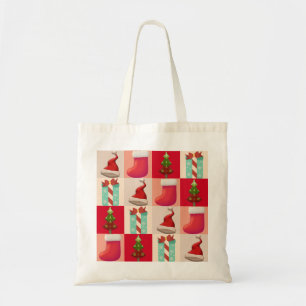 TOTE BAG COLORFUL CHRISTMAS PRESENTS SANTA CANDY TREE